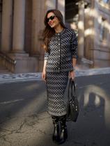 Saia Com Lurex Midi Feminina PRETO/PRETO/OFF WHITE - J&d