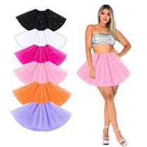 Saia Curta de Tule Feminina Adulta Gliter Festa Carnaval Bloquinho Dança Festa Brilho Colorida Fantasia Tendência Tutu Rodada