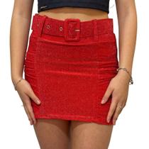 Saia Curta Lurex Cintura Alta, Forro Shorts, Cinto Removível