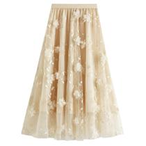 Saia de tule midi com bordado floral enrugado e cintura elástica Saia de tule midi com bordado floral enrugado e cintura elástica