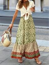 Saia De Verão plus Size Boêmia Amarelo Verde Com Padrão Irregular Em Poliéster Moda Retrô Grande Saia De Verão plus Size Boêmia Amarelo Verde Com Padrão Irregular Em Poliéster Moda Retrô Grande