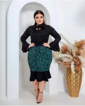 Saia Elegante Midi Babada Feminina Cintura Alta Cauda De Peixe Estampada