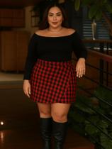 Saia Envelope Curta Transpassada Xadrez Plus Size De Amarrar Crepe Cintura Alta Sem Transparência