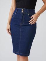 Saia Evangélica Jeans Escuro Azul Cintura Alta Reta Midi Com Botões Tamanho:46
