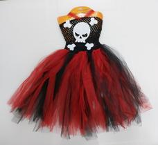 Saia Fantasia Infantil Juvenil de Halloween Dia Das Bruxas Caveira Pirata Vermelho e Preto