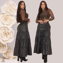 Saia Feminina 3 Marias em Material Sintético Fake Preta Midi Longuete Rodada Estilo Chic e Confortável