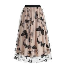 Saia feminina bordada em malha borboleta A-line Midi