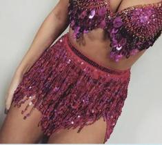 Saia Feminina Carnaval Festa Franja Réveillon Paetê Brilho Preto Dourado Prata Vermelho Rosa Azul