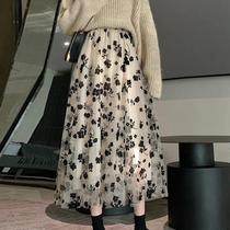 Saia Feminina De Malha Branca Com Renda Flocada Cintura Alta Linha a Outono Inverno Elegante Saia