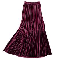 Saia feminina ebossy, outono e inverno, cintura alta, comprimento do tornozelo, veludo, pregueada longa (S, vinho)