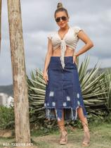 Saia Feminina Jeans Midi Recorte na Barra Pedra da Lua