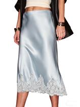 Saia feminina KateModa, cetim, cintura alta, seda, azul midi, L