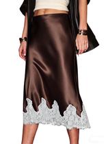 Saia feminina KateModa, cetim, cintura alta, seda, marrom midi, L