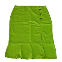 Saia Feminina Linho Longa Fenda Botões Babado Verde Plus size