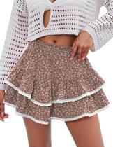 Saia feminina LOMON, elegante, com babados, em camadas, marrom esvoaçante, floral