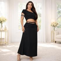 Saia Feminina Longa Godê Midi Crepe Duna Bolso e Cinto Moda Casual
