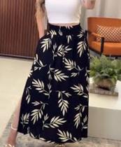 Saia Feminina Longa viscolinho com Fenda/Bolso e Forro - COR: PRETO ESTAMPADO