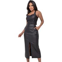 saia feminina material sintético midi cintura alta com fenda e possui bolso