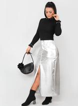 Saia Feminina material sintético Midi Metal Cintura Alta Saia Feminina material sintético Midi Metal Cintura Alta