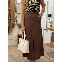 Saia Feminina Midi Alfaiataria com Fenda e Bolsos Elegante Casual