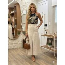 Saia Feminina Midi Alfaiataria com Fenda e Bolsos Elegante Casual