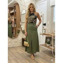 Saia Feminina Midi Alfaiataria com Fenda e Bolsos Elegante Casual