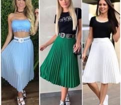 Saia feminina midi plissada lisa com forro poliéster moda estilo