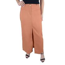 Saia Feminina Parado no Ar Midi Linho Marrom Telha - 720800