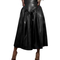 Saia feminina plus size em couro PU, patchwork, cintura alta