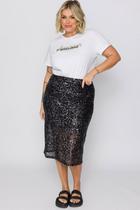 Saia Feminina Plus Size Midi Brilhante Em Paetê Preto