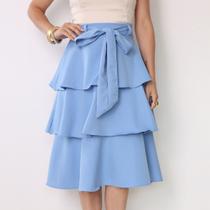 Saia Feminina Três Maria Babado Midi Com Cinto Evangélica Cor:Azul-celesteTamanho:U