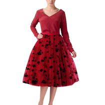 Saia feminina WDPL em linha A em tule floral 3D na altura do joelho Saia feminina WDPL em linha A em tule floral 3D na altura do joelho