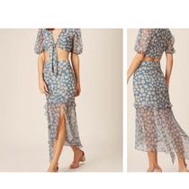 Saia fenda lateral e detalhe babado, tecido estampa olho grego azul