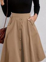 Saia Godê Midi Feminina com Botões e Bolsos Invisíveis
