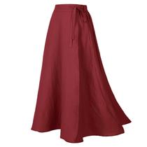 Saia HIGAKI, cintura elástica de linho, linha A, maxi, com bolsos para mulheres