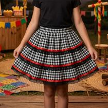 Saia Infantil Festa Junina Xadrez Preta Rodada 3 Camadas Douvelin Tamanho:10 anos