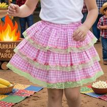 Saia Infantil Festa Junina Xadrez Rosa Rodada 3 Camadas Douvelin