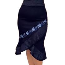 Saia Jeans Azul Midi moda evangélica Secretária Formal Elegante