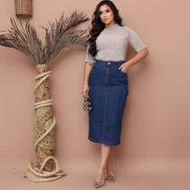 Saia Jeans Cargo Azul Escuro Com Fenda e Bolsos Moda Cristã Evangélica