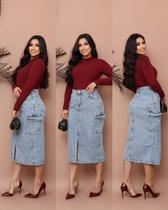 Saia Jeans Cargo Longa Feminina Com Abertura e Bolsos Moda Cristã Evangélica Sem Lycra Saia Jeans Cargo Longa Feminina Com Abertura e Bolsos Moda Cristã Evangélica Sem Lycra