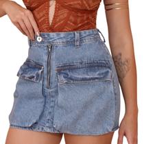 Saia Jeans cargo mini saia cintura alta