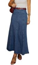 Saia jeans CHARTOU, longa, patchwork, elástica, cintura alta, feminina