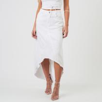 Saia Jeans Color Barra Assimetrica Desfiada Branca