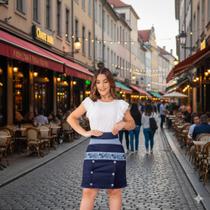 Saia Jeans com Bordado Feminina Azul com Elastano Confortável