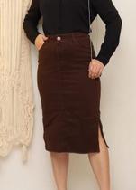 Saia Jeans Com Lycra Longa Lavagem Marro Escuro Moda Cristã Evangélica Feminina Secretaria Cintura Alta 38 ao 48 Premium