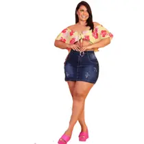 Saia Jeans Curta Plus Size Modela Bumbum Cintura Alta Saia Jeans Curta Plus Size Modela Bumbum Cintura Alta