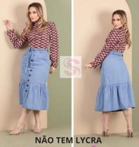 Saia Jeans De Babado Midi Com Bortões Frontal