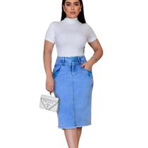 Saia Jeans Elastano Cintura alta Midi Moda Cristã botão azul