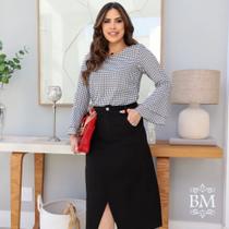 Saia Jeans Evasê, Preta, Cós com Passante, Zíper, Botão, Bolso Frontal Lateral, Fenda, Fagian BM1217