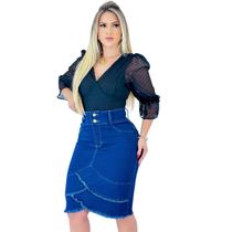 Saia Jeans Feminina Com Babado Cintura Alta Evangélica Midi Com Estilo e Elegancia